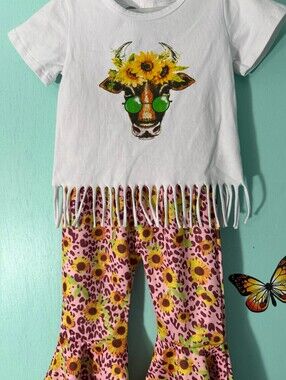 White Fringe Sunflower Cow Tee with Pink Sunflower Flared Pants